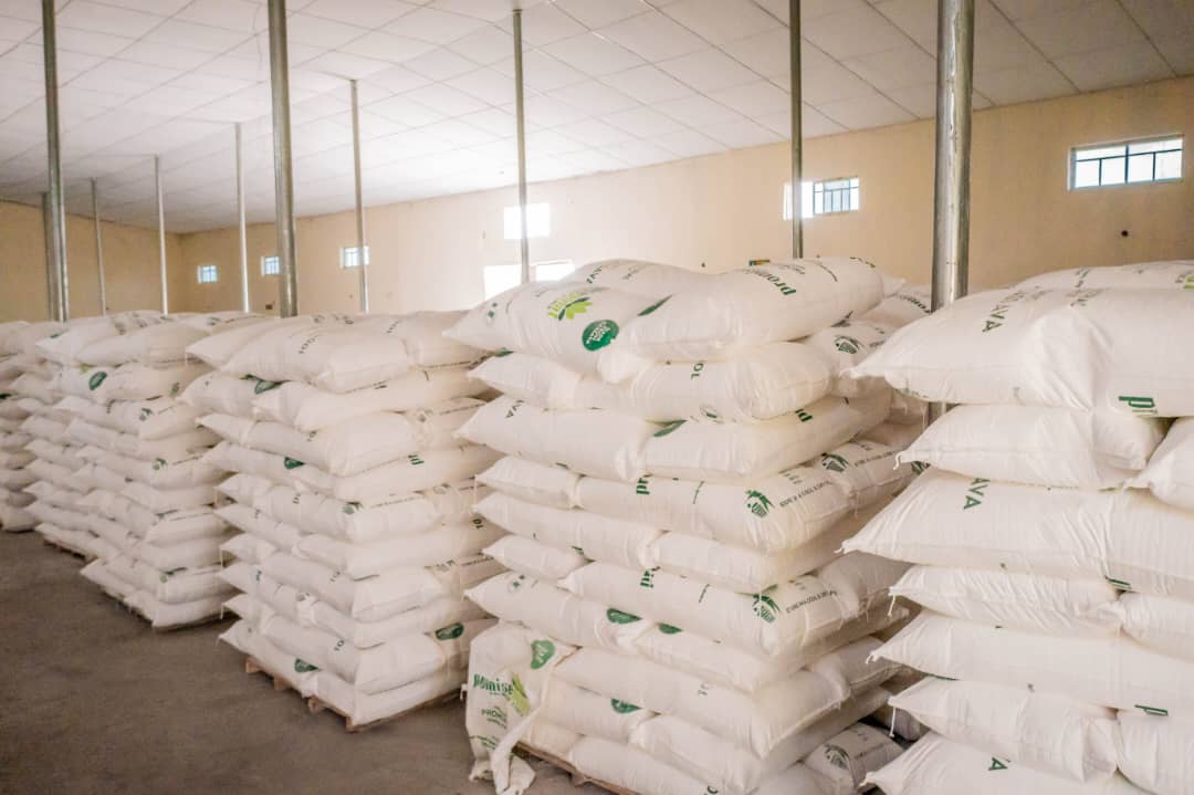 Bags of Promise Point cassava starch stacked on pallets in the warehouse