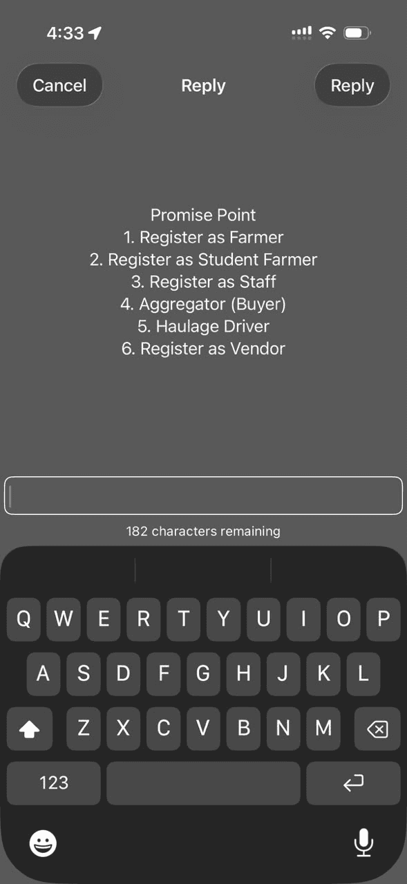 The Promise Point USSD menu on a phone, listing six registration options