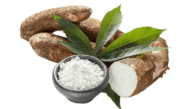 Cassava flour in a bowl beside peeled cassava root